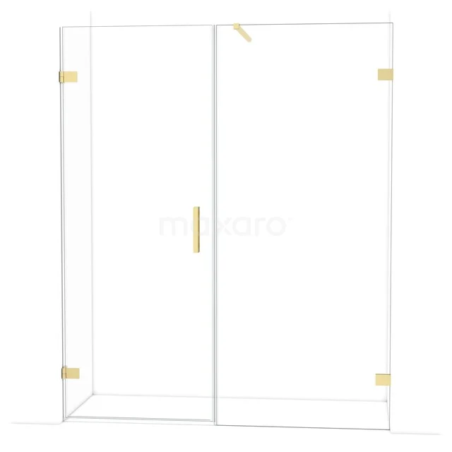 Glass shower enclosure with gold elements, modern look, ideal for luxury bathroom design.