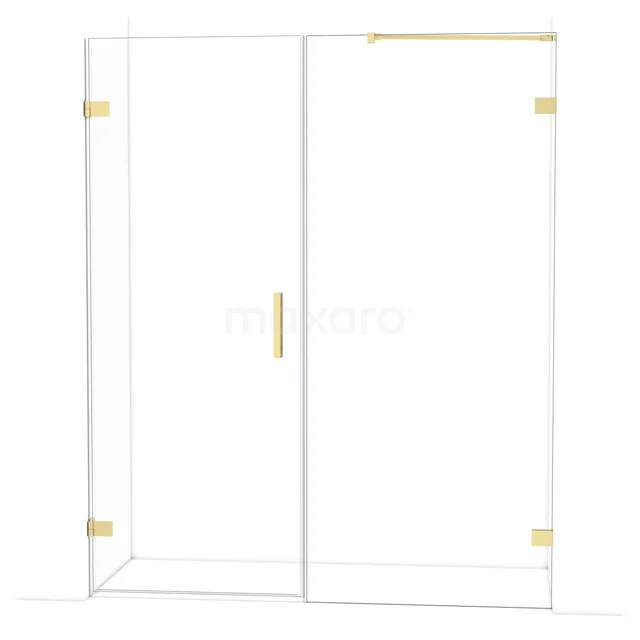 Glass shower door with gold details, modern sliding design for luxurious bathroom style.