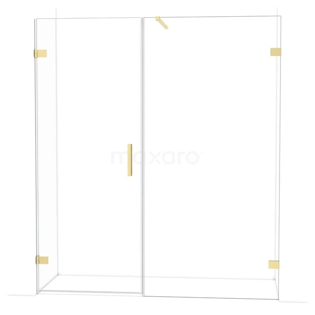 Duschwand mit Gold-Details, elegantes Design aus Klarglas, ideal für ein modernes Badezimmer.