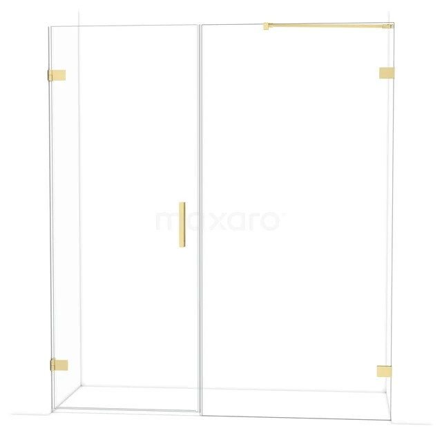 Glazen douchewand met gouden accenten, schuifdeur en strak design; ideaal voor een moderne badkamer.