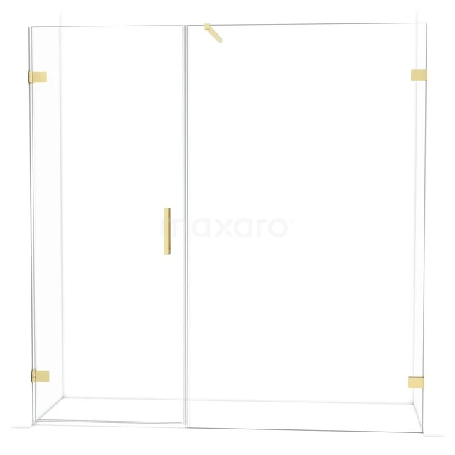 Shower screen with gold accents, clear glass and sleek design, ideal for a modern bathroom.
