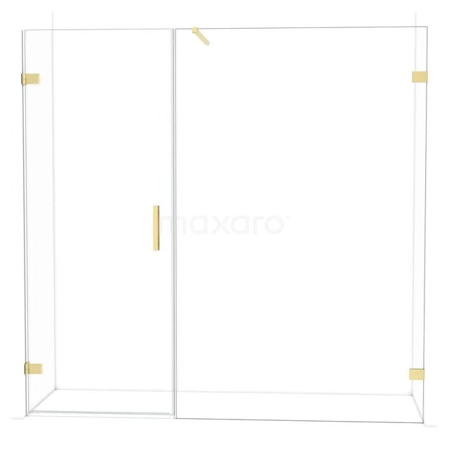 Duschkabine mit goldenen Akzenten, gläserner Schiebetür und schlankem Design; perfekte Luxus Ergänzung für moderne Bäder.