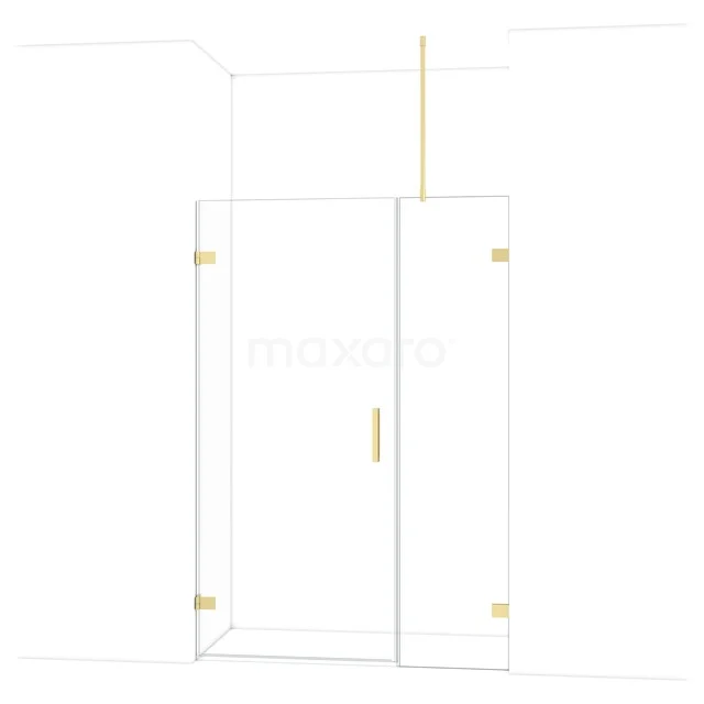 Glass shower door with gold-coloured hinges, clear glass and minimalist design. Perfect for a modern bathroom style.