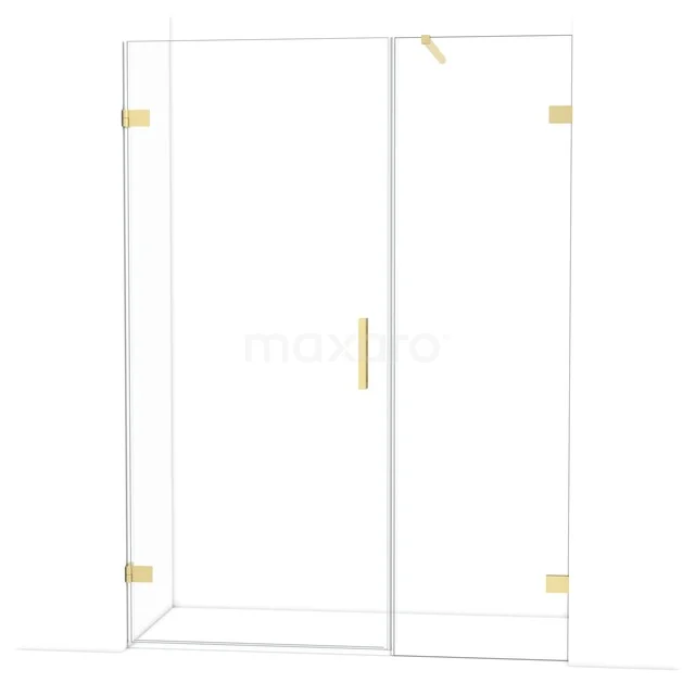 Glas Duschwand mit goldfarbenen Befestigungen, moderner Stil für ein luxuriöses Badezimmerinterieur.