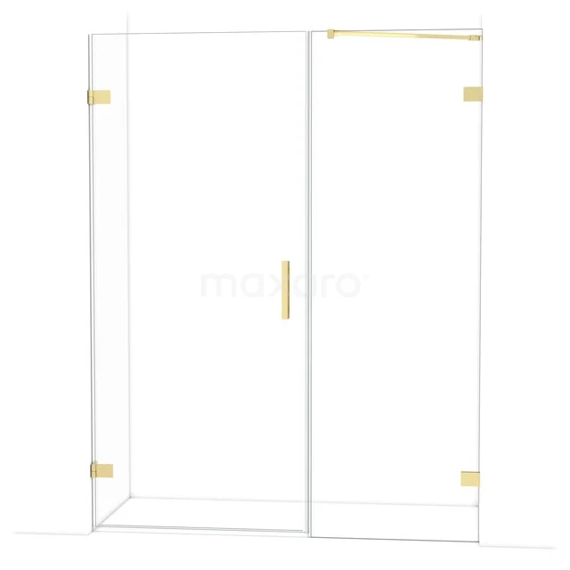 Glass shower screen with gold-coloured hinges and handle, modern design for a stylish bathroom.