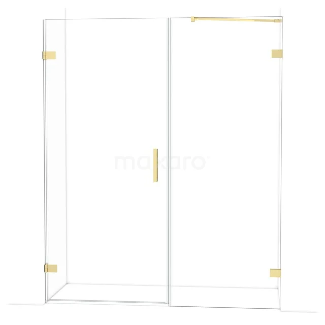 Glass shower door with gold accents, sleek design, perfect for a modern bathroom style.