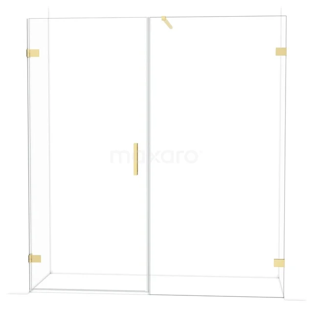 Glas Duschwand mit goldfarbenen Scharnieren und Haltegriff, elegantes Design, ideal für ein modernes Badezimmer.