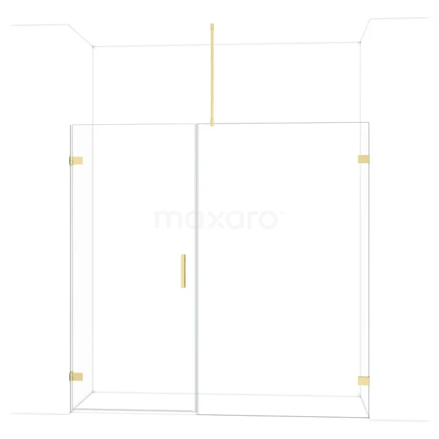 Glas Duschwand mit Gold Scharnieren und Haltegriff, modernes Design für ein stilvolles Badezimmer.