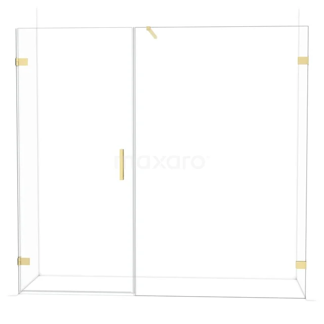 Glass shower screen with gold-coloured hinges, sleek design, ideal addition to a modern bathroom.