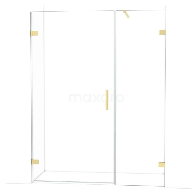 Shower enclosure with clear glass and gold hinges, modern design for luxury bathrooms.