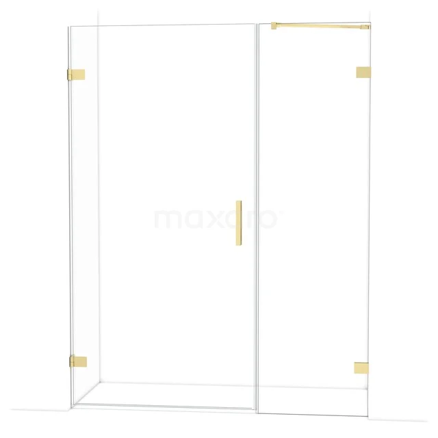 Glazen douchedeur met goudkleurige metalen accenten, minimalistisch design, ideaal voor een moderne badkamer.