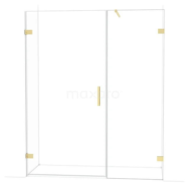 Glass shower screen with gold hinges and Handle, frameless design, ideal for a modern bathroom interior.