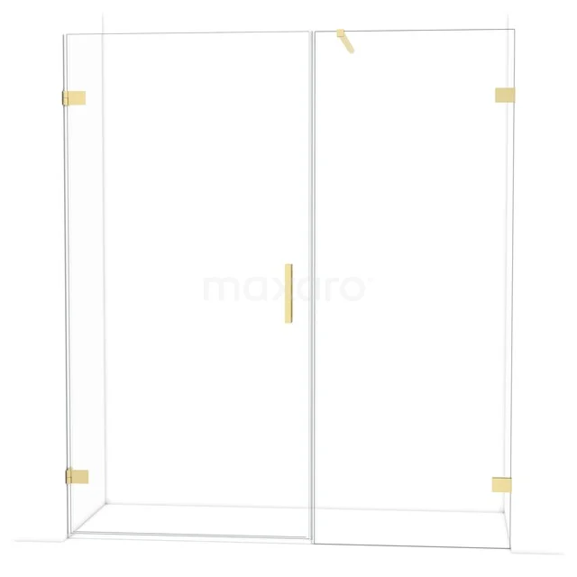 Glass shower screen with gold hinges, minimalist design, ideal for a modern bathroom.