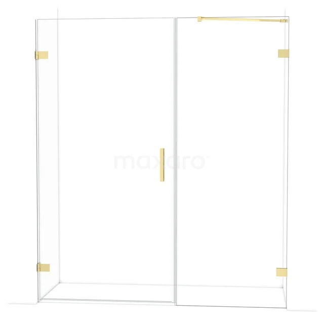 Glass shower screen with gold accents, sliding door and sleek design, ideal for a modern bathroom.