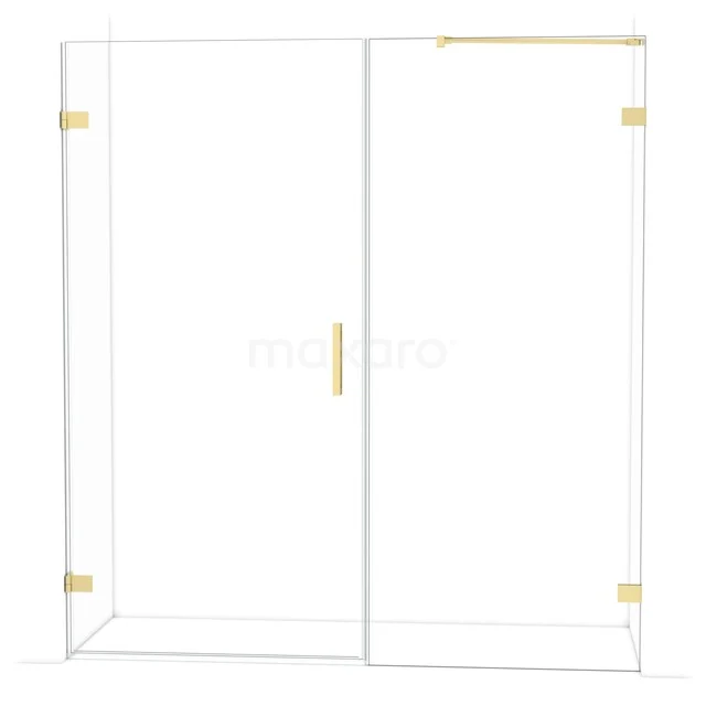 Glass shower screen with gold hinges, sleek design, ideal for a modern bathroom.
