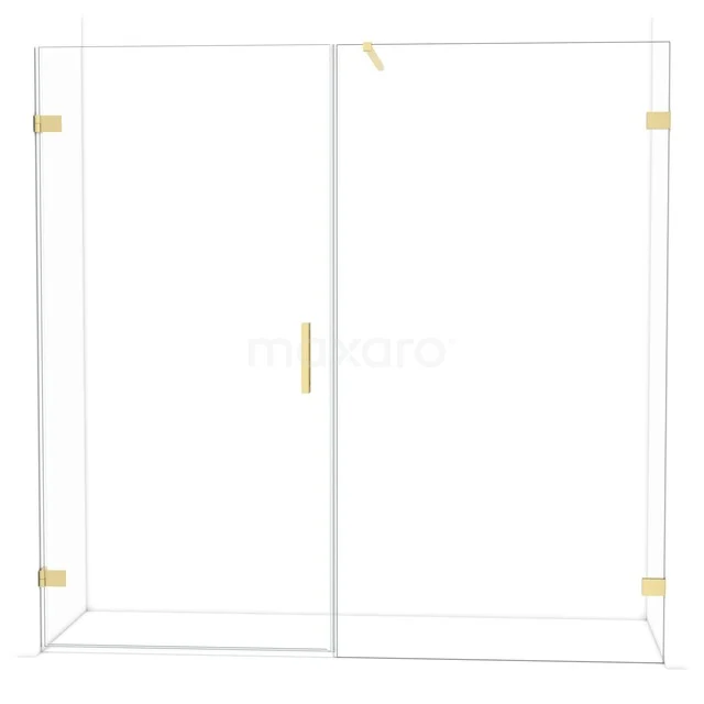 Glazen douchewand met goudkleurige details, minimalistisch design, ideaal voor een moderne badkamer.