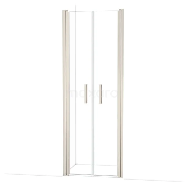 Glass shower door with matt silver profiles, double opening, ideal for a modern bathroom style.