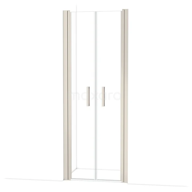 Shower door with double pivot doors, clear glass, metallic profiles, ideal for a modern bathroom.