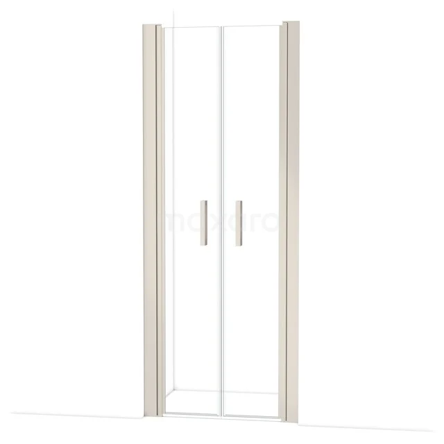 Glazen douchedeur met aluminium omlijsting, dubbele deuren met handgrepen. Elegant ontwerp voor een moderne badkamer.