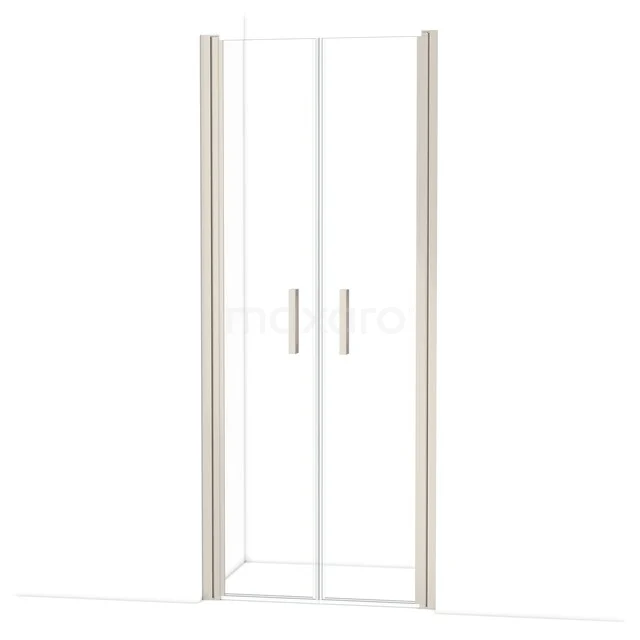 Douchedeur met helder glas, aluminium profielen en chromen handgrepen, geschikt als stijlvolle toevoeging aan de badkamer.