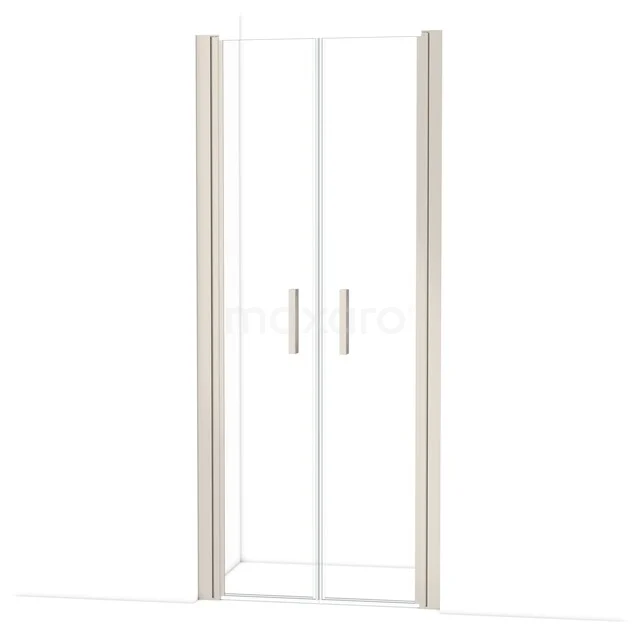 Glazen douchedeur met dubbele deuren en zilverkleurige profielen, ideaal voor een moderne badkamer.