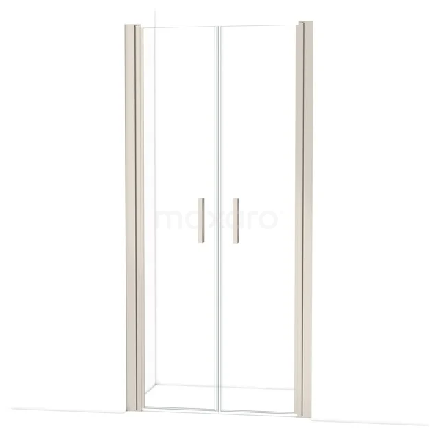 Glazen douchedeur met dubbele openslaande panelen, uitgevoerd in helder glas en aluminium, ideaal voor een moderne badkamer.
