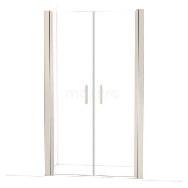 Shower door with 2 glass panels, aluminium frame and chrome handles, ideal for modern bathrooms.