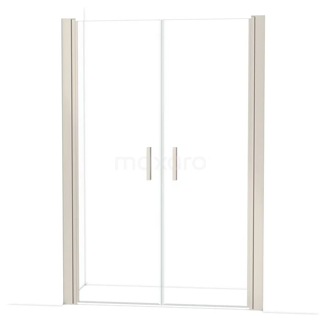 Glasene Duschtür mit zwei mattsilbernen Haltegriffen, straffes Design und Aluminiumprofile, ideal für moderne Badezimmergestaltung.