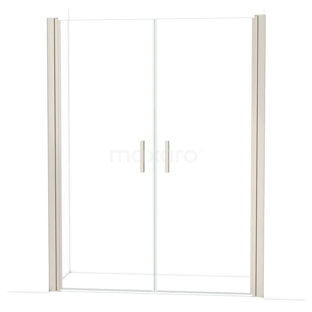Shower door with double-sided glass panels, aluminium profiles and minimalist design for a modern bathroom.