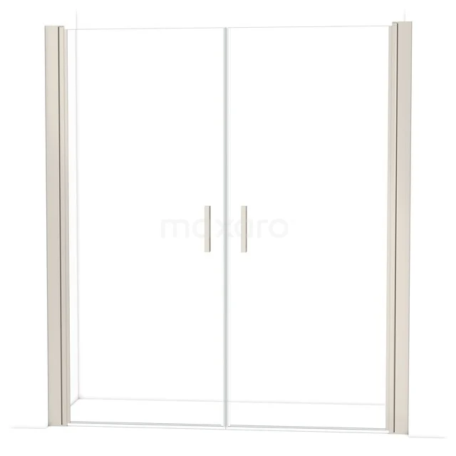 Shower door with two transparent glass panels, aluminium profile, sleek design; ideal for a modern bathroom.