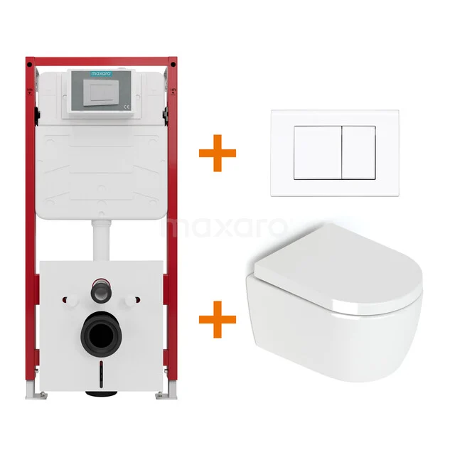 Toiletset Hoogglans wit zonder Spoelrand + Maxaro Flush inbouwreservoir TOI1007