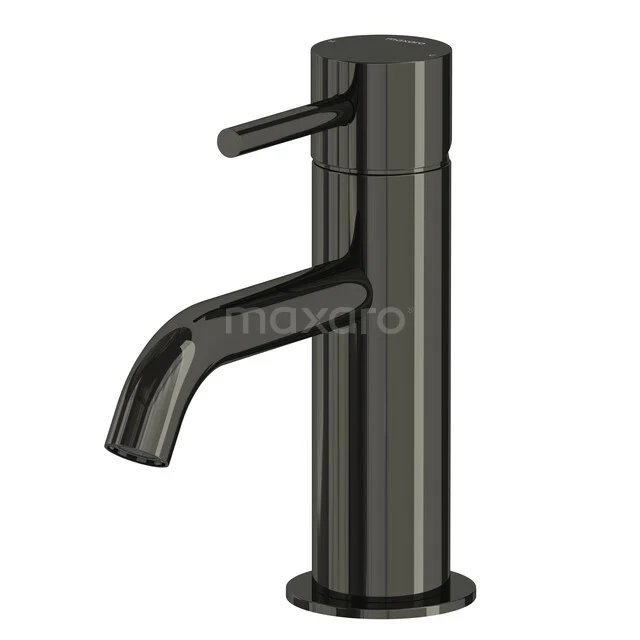 Mat zwarte wastafelkraan met ronde vorm, minimalistisch design en hendel, ideaal voor een moderne badkamerstijl.