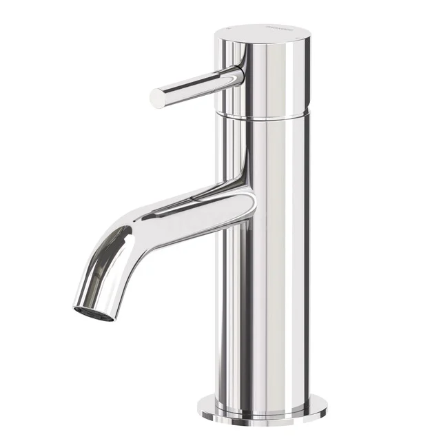 Chromen wastafelkraan, cilindervormig design met een enkele hendel, perfect voor moderne badkamers.