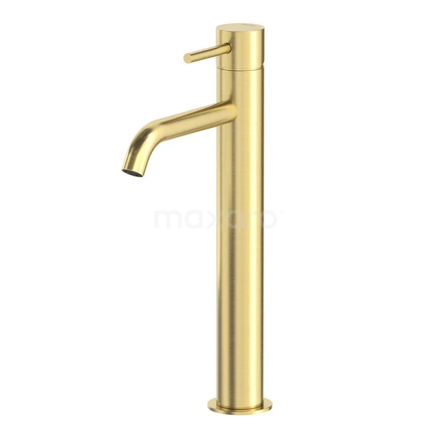 Goldene hohe Waschbeckenarmatur mit einem schlanken Design, ideal für moderne Badezimmerstile. Luxuriöse Edelstahloberfläche.