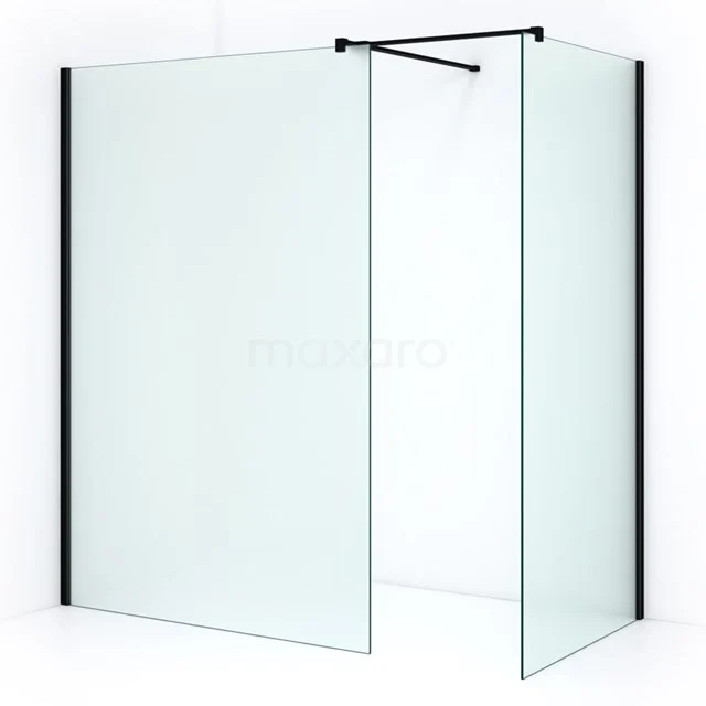 Matte black corner shower enclosure in clear glass, minimalist design with stabilising bar, ideal for a modern bathroom.