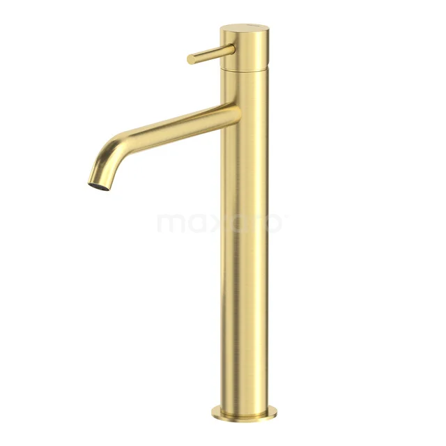 Goldene Waschbeckenarmatur mit hohem Auslauf, modernes Design, ideal für luxuriöse Badezimmerstile.