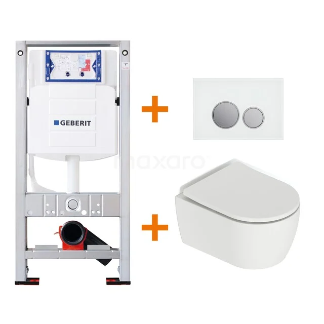 Toilet set Matte white Shortened with rim + Geberit UP320 concealed cistern TOI012 Wall-hung toilet bowl set with white ceramic toilet bowl, concealed cistern and double drain button, ideal for a modern bathroom.