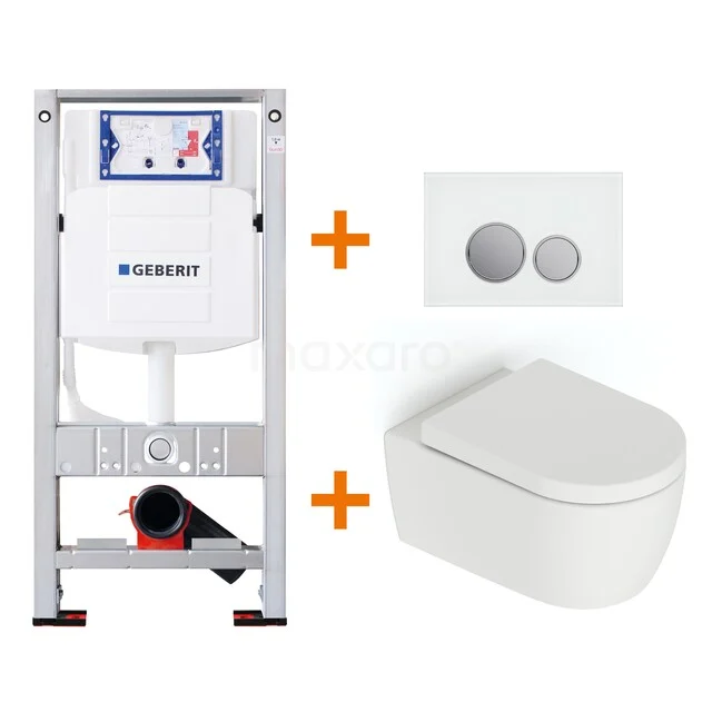 Built-in cistern set white with wall hung toilet, plastic push buttons and modern mounting frames, ideal for a minimalist bathroom.