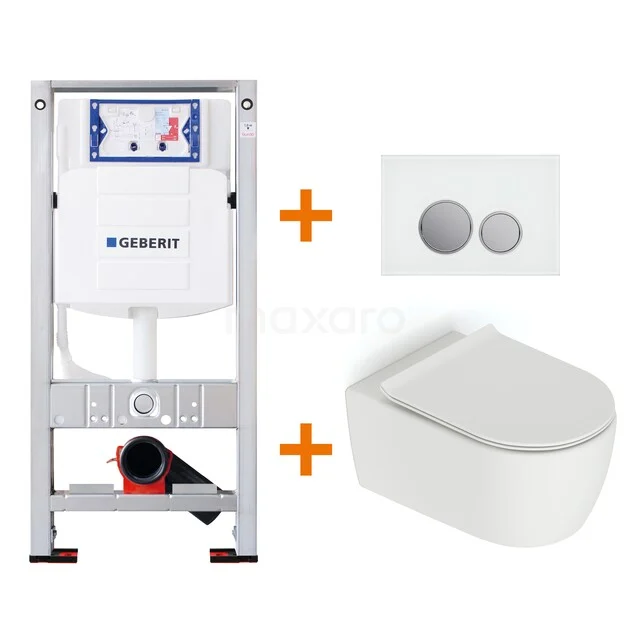 Geberit toiletset compleet met inbouwreservoir, wandcloset en bedieningsplaat, strak design voor moderne badkamers.