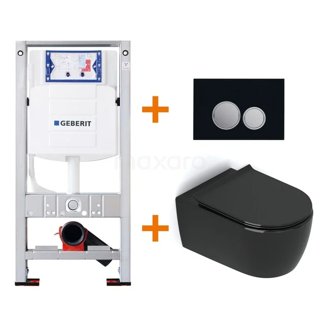Toiletset Hoogglans zwart zonder Spoelrand + Geberit UP320 inbouwreservoir met geluidsisolatie TOI026