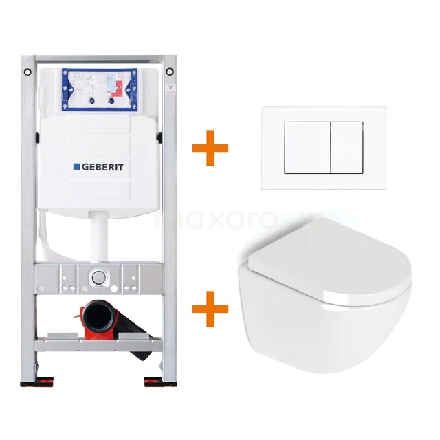 Weißes Wand-WC mit Einbauframe, schlankem Design und doppelter Betätigungsplatte; ideal für eine moderne Badezimmerinstallation.