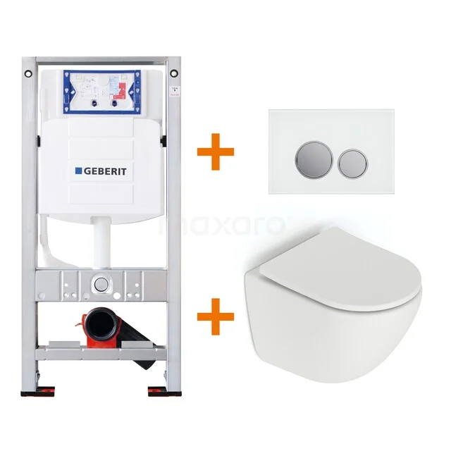 WC-Set Matt Weiß ohne Rand + Geberit UP320 Unterputzspülkasten mit Schalldämmung TOI031 Wit Wand-WC mit strak Design, inclusief Unterputzspülkasten und Bedienfeld, ideaal für ein modernes Badezimmer.