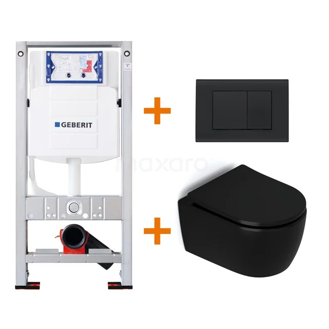 WC-Set Matt Schwarz ohne Rand + Geberit UP320 Unterputzspülkasten mit Schalldämmung TOI328 Schwarzes WC, Unterputzspülkasten und Betätigungsplatte Set, modernes Design und platzsparend für ein stilvolles Badezimmerupdate.