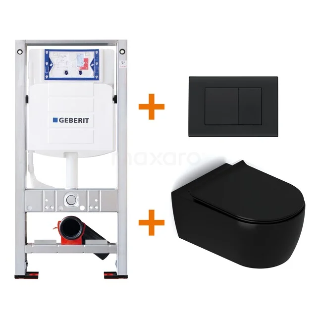 Toiletset Mat zwart met Spoelrand + Geberit UP320 inbouwreservoir met geluidsisolatie TOI202