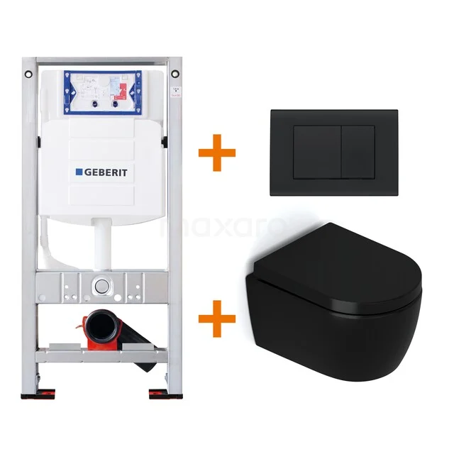 Toiletset Mat zwart zonder Spoelrand + Geberit UP320 inbouwreservoir met geluidsisolatie TOI333