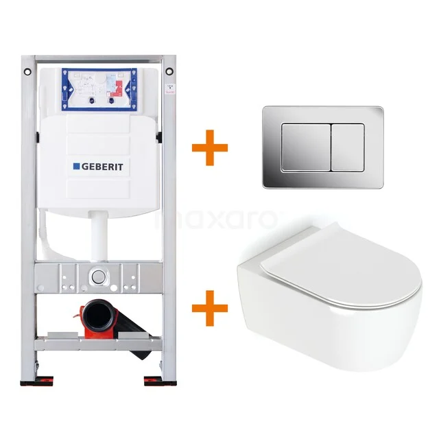 Inbouw WC-Set mit weißem keramischen Wand-WC, Edelstahl Bedienfeld und Rahmen für modernes und stilvolles Badezimmer.