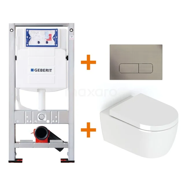 WC-Set Hochglanz Weiß ohne Rand + Geberit UP320 Unterputzspülkasten mit Schalldämmung TOI138 Inbouw WC-Set mit weißem Wand-WC, Edelstahl Bedienungsplatte und stabilem Befestigungsrahmen, ideal für moderne Bäder.