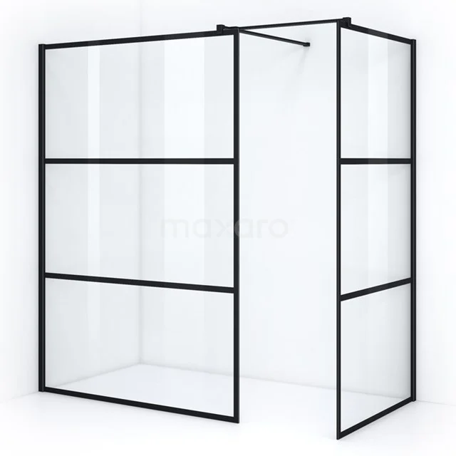 Black shower screen with industrial design and clear glass, ideal for a modern bathroom style.