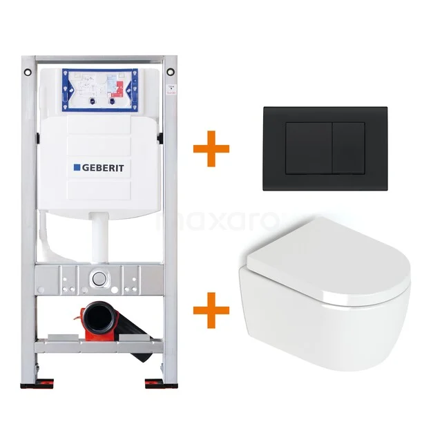 WC-Set Hochglanz Weiß ohne Rand + Geberit UP320 Unterputzspülkasten mit Schalldämmung TOI152 Inbouw WC-Set mit weißem Wand-WC, schwarzem Bedienfeld und Geberit Rahmen, ideal für ein modernes und platzsparendes Badezimmer.