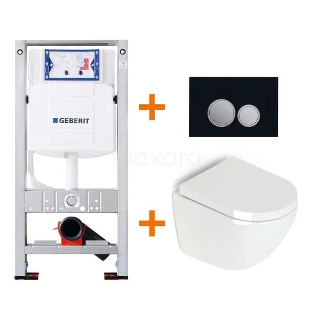 Geberit Unterputzspülkasten mit weißem Wand-WC und schwarzer Betätigungsplatte, ideal als komplettes Set für ein modernes Badezimmer.